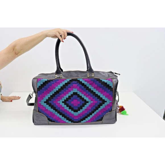 Give Thanks Hand Crafted Leather and Woven Large Weekender Duffle Bag MSRP $500+ - Picture 2 of 16